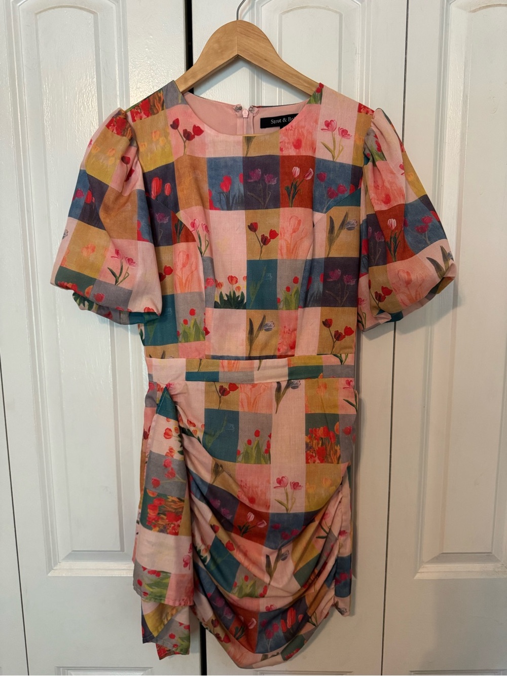 Floral Check Puff-Sleeve Mini Dress in Multicolor